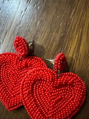 Red Beaded Heart Drop Earrings - Women's Jewelry